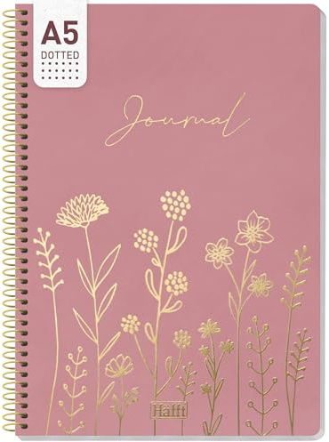 Häfft Journal A5 dotted Spiral-Notizbuch gepunktet Fine Flowers rosé | 160 nummerierte Seiten mit Punktraster & 100 g/m²-Papier - hübscher Notizblock mit Spiralbindung für flaches Aufliegen