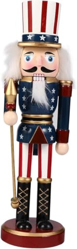 Niltracy Figurines patriotiques casse-noisette en bois Uncle Casse-Noisette Soldat Statue avec canne 4 juillet Décorations de table pour la fête de l'indépendance Figurines casse-noisette