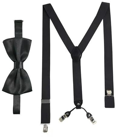 Massi Morino Hosenträger mit Fliege Schwarz Set für Herren und Damen I Y-Form Träger elastisch mit extra starken Clips - 3,5cm breit - längenverstellbar I Vorgebundener Schlips für Anzug