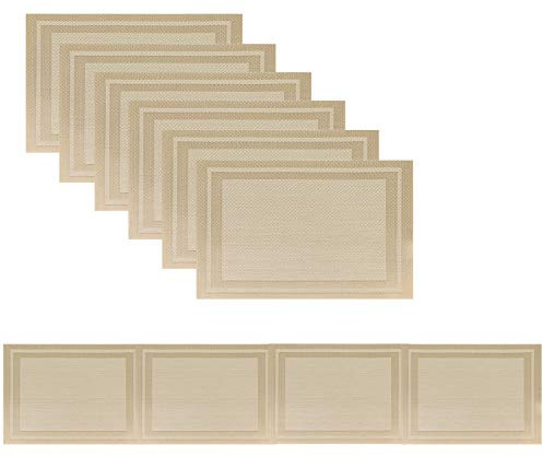 Tischset, schmutzabweisend, waschbar, PVC-Tischsets, rutschfest, Kaffeeunterlage, Crossweave gewebtes Vinyl, hitzebeständig, Küchentischmatten für Esstisch (Gold, 6 Tischsets und 1 Tischläufer)