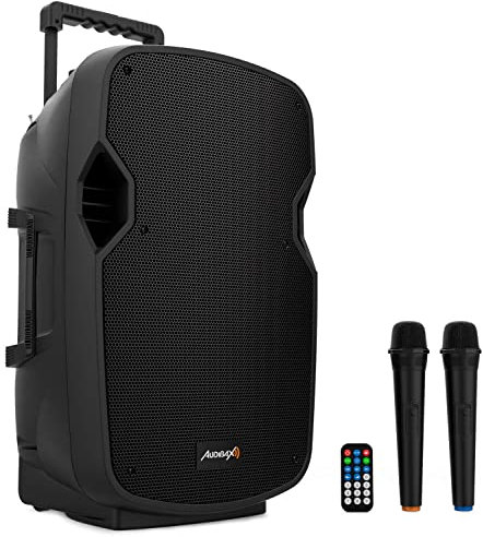 Audibax Denver 12 Altavoz Activo PA 12” con Batería, Ruedas + 2 Micros Inalámbricos Mano