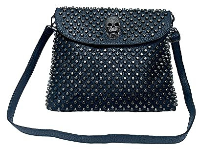 SMALLBLUER Damen PU Leder Tote Hobo Rucksäcke Clutches Nieten und Totenkopf Metallmuster Schulter Umhängetaschen-Schwarz