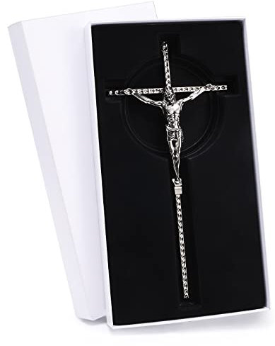 DCCXN Kruzifix-Wandkreuz, katholisches silberfarbenes Metall-Kruzifix mit individueller Gravur für Heimdekoration – 25,4 cm