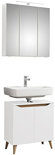 Lomadox Badezimmer Waschplatz Set mit Füßen in Holzoptik in Weiß Glanz mit Weiß Hochglanz, B/H/T ca. 65/200/33 cm
