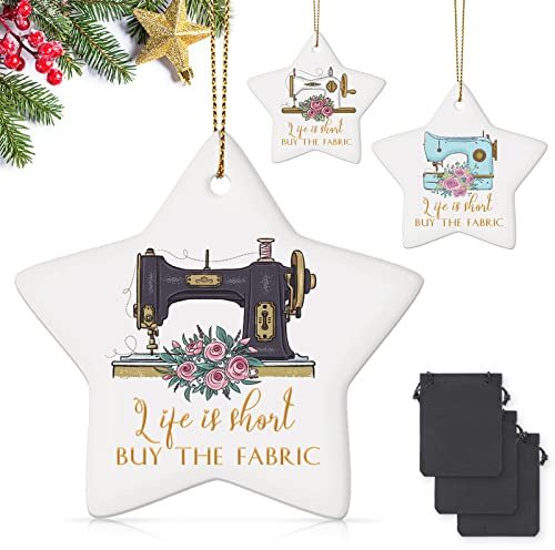 Sieral 3 Pcs Sewing Machine Ornament Christmas Star Ceramic Quilters | Vintage Gift for Sewing Enthusiasts Women, Life Is Short Buy the Fabric Saying, Appreciation Thank You Gifts Bulk