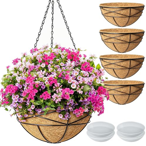 Karlliu 4 Hanging Planters 12 Outdoor Plants Metal Watering Flower Baskets with Coconut Liner Hanging Pot Round Plant Holders Planter for Garden Decoration