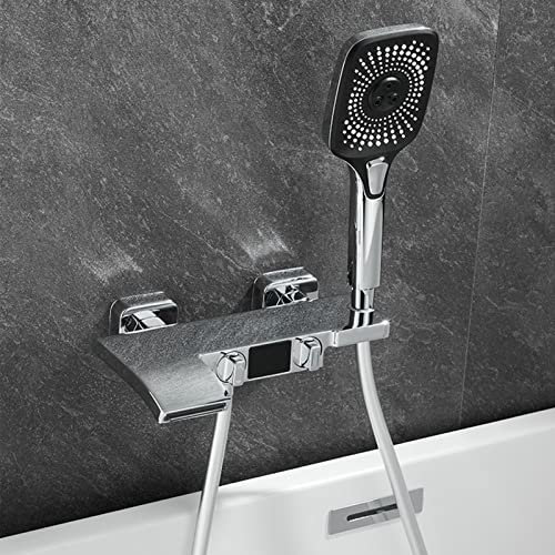 Yalsfowe Wasserfall-Badewannenarmatur, Badewannen-Mischbatterie mit Temperaturanzeige, Badewannenarmatur mit Handbrause, Einhand-Wannenarmatur Wandhalterung Badezimmer-Duschmischbatterie,Chrome
