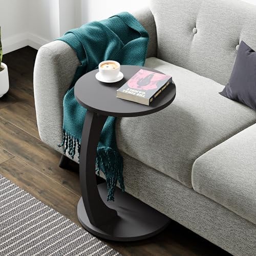 [en.casa] Beistelltisch Holeby Couchtisch Sofatisch auf Rollen Betttisch Laptoptisch C-Form Wohnzimmertisch Rolltisch runde Tischplatte Kaffeetisch 56 x Ø 38 cm Abstelltisch Grau