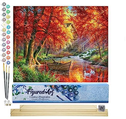 Figured'Art Peinture par Numéro Adulte Rivière d'automne et barque - Activité Manuelle Kit de Loisir Créatif DIY Numéro d'Art Complet - 40x50cm avec châssis en bois à monter