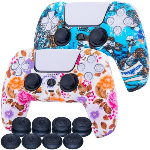 9CDeer 2 Stück Silikon-Transferdruck schützende dicke Abdeckung Haut + 8 Daumengriffe für PS5 Controller Hexe & Blume