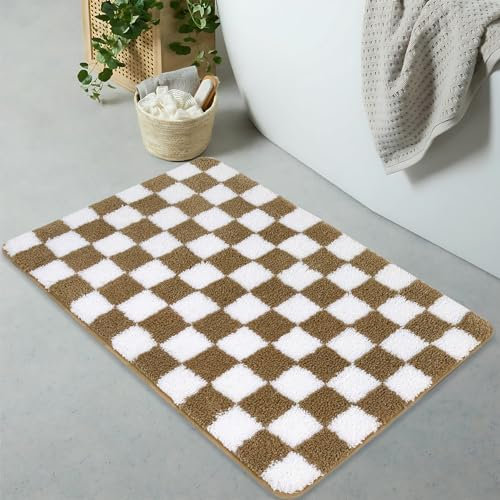 Sivilife Karierte Badematten für Badezimmer, Khaki, rutschfest, maschinenwaschbar, Badezimmerteppich, geometrisch, weich, luxuriös, wasserabsorbierende Mikrofaser, Zottel-Fußmatten für Dusche,