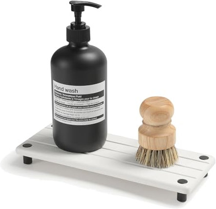 Razborci Instant Dry Sink Caddy Kitchen Sink Organizer, Quick Drying Diatomaceous Earth Stone Sink Tray Sponge Holder Soap Dish, Bathroom Countertop Vanity Dispenser Toothbrush Bottle, White, 10 x 4