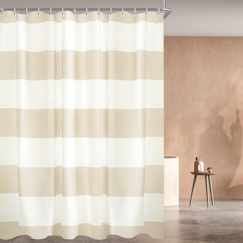 Lerores Duschvorhang 240x180cm Beige Streifen, Beschwerter Saum Antischimmel Textil, Wasserabweisend, Waschbar Polyester Badevorhänge mit Ösen und 12 Duschvorhangringe für Badezimmer, Badewanne