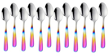 SBOMHS Teelöffel 12 stück aus Edelstahl Kaffeelöffel 13,5 CM kleine Löffel Espressolöffel Dessertlöffel Mini Teaspoons Metall Mokkalöffel (Farbverlauf Regenbogen)