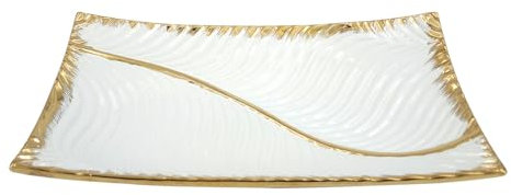 ROCKING GIFTS Piatto Centrale Rettangolare in Ceramica Goffrata Bianca e Oro, Vassoio svuota Tasche, 36 cm