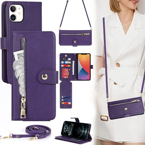 ELTEKER Handyhülle für iPhone 12/12 Pro Hülle mit Band, Klapphülle mit Kartenfach Handytasche Leder Hülle für iPhone 12/12 Pro - lila