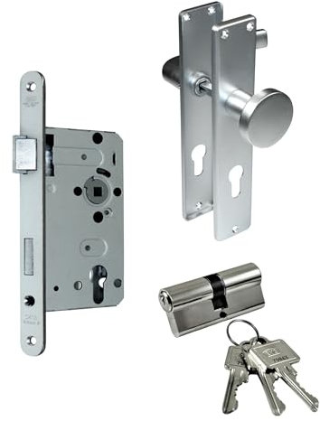 BKS Zimmertür/Wohnungstür/Badezimmer Komplett Set, inclusive Aluminium Schild Beschlag (PZ Profilzylinder/Knauf, DIN LINKS, Langschild 215mm x 40mm)