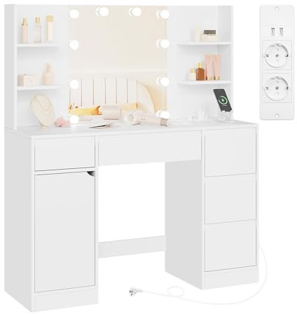 WOLTU Schminktisch mit Beleuchtung, Steckdosenleiste, Einstellbarer Helligkeit, Große Schminktisch mit Spiegel, 5 Schubladen, offenen Fächern, Schrank, Frisiertisch Weiß für Schlafzimmer, MB6117ws