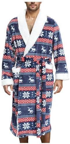 WAZHAKU Accappatoio da uomo in pile, invernale, caldo, accappatoio, biancheria da notte, sauna, flanella, vestaglia, comodo pigiama, accappatoio natalizio con stampa morbida, Blu marino, L