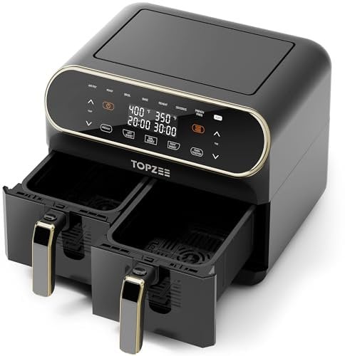 TOPZEE 8L Large Air Fryer - Dual Basket Airfryer with View Windows,2 Independent 4 L Nonstick Dishwasher Safe Baskets, w/Glod Border