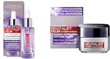 L'Oréal Paris Gesichtspflege Set, Mit Hyaluron Serum und Hyaluron Tagescreme, Anti-Aging Gesichtspflege, Für Feuchtigkeit und Anti Falten Effekt, Revitalift Filler