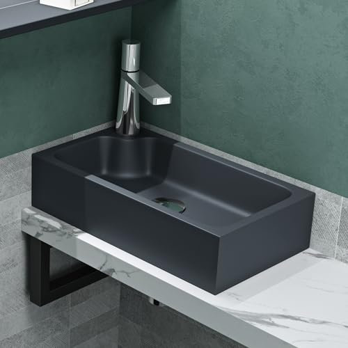 Mai & Mai Waschbecken Gäste WC Aufsatzwaschbecken mit Hahnloch 46x26x11cm Mineralguss Eckig Klein Waschschale matt Anthrazit Waschplatz Becken-rechts Colossum101