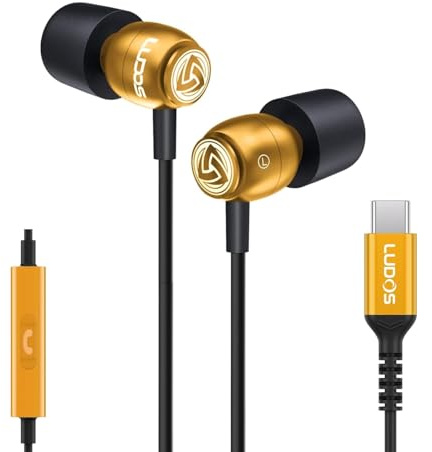 Ludos CLAMOR USB C Headphones for iPhone 17 16 15 Pro Max Plus Air iPad Pro, 5 Years Warranty, USB-C Earbuds for Samsung Galaxy S24 S23 Ultra S22 S21 FE S20 A55 A54 A53, USB Type C Earphones - Gold