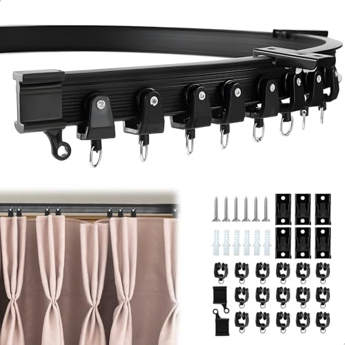 Binario Tenda Flessibile con Rulli Pulegge Silenziose, Curvo Per Tende a Soffitto, Binario per Tende Scorrevole Per Divisore per Stanze, Ufficio, Camper E Doccia, Montaggio a Soffitto, 2M Nero