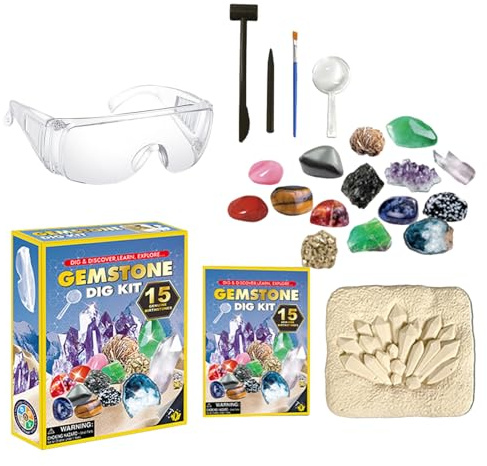 Ausgrabungsset für wertvolle Edelsteine | Sammlung von Mineralien mit Schutzbrille - Ausgrabungsset zur Entdeckung von Kristallen und Edelsteinen - für Kinder, Mädchen, Studenten, Schüler im Alter von