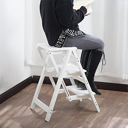 Sgabello a scaletta pieghevole, Sedia Sgabello Scaletta Pieghevole in Legno a 3 Gradini Portata 150 kg Bianco