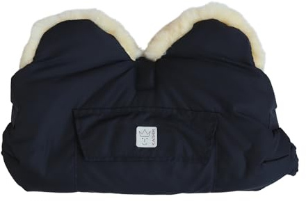 Lammfell Handwärmer für Kinderwagen, 45 x 22 cm, Schaffell Innenfutter, Wasserabweisend, mit Handytasche (black)