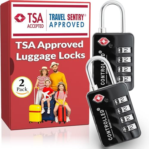 Controlled Security TSA Approved Luggage Locks - Pack of 2 - Black 4 Digit Combination Locks for Luggage, Backpacks & Lockers