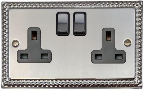 Georgian Polished Chrome Double Socket (Black Insert/Chrome Switches) - MC310