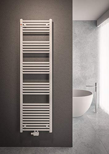 Mert Heizung mit Thermostat Fernwärme Warmwasser Bad-Heizung 1400x600 Bad-Heizkörper 1/2 Zoll Mittelanschluss 50 mm weiß Handtuchhalter für Wandmontage