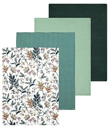 Sleepdown Kitchen Tea Towels Super Absorbent Waffle Soft Dish Cleaning Cloth 100% Cotton Half Panama Pack of 4 (Country Cottage, Check Green, Plain Black, Plain Sage Green) - (46cm x 65cm)