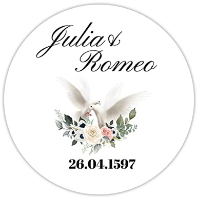 36 x personalisierte Hochzeitsaufkleber mit Datum und Wunschname ∅ je Sticker 5cm runde Deko Aufkleber für Gastgeschenke Hochzeit Name selbstklebend (04 Tauben)