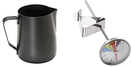 Buddy´s Bar - Barista Edition, Barista Set, 2-teilig, Milchkännchen 0,6 Liter aus Edelstahl schwarz und Thermometer mit Clip 13,5 cm Länge
