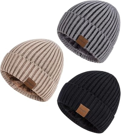 Mens Beanie Hats 3 Pack, Winter Hats for Men Women Warm Thermal Fleece Lined, Thick Knit Fashion Skull Cap Cuffed Beanie for Guys (Color-01)
