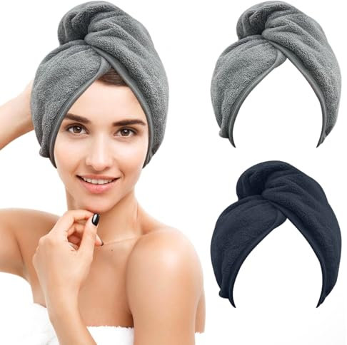 Yagaspantery 2 Stück Haartrockentuch, Handtuch zum Trocknen von Haaren, Mikrofaser Haarturban mit Knopf,saugstark und schnelltrocknend für Alle Haartypen (Hellgrau,Navy Blau)