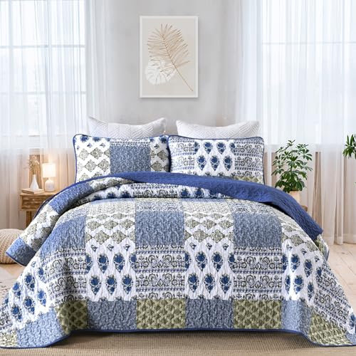 Mybedsoul Boho Quilts Bettwäsche-Set, Queen-Size-Größe, florales Patchwork, Aquablau