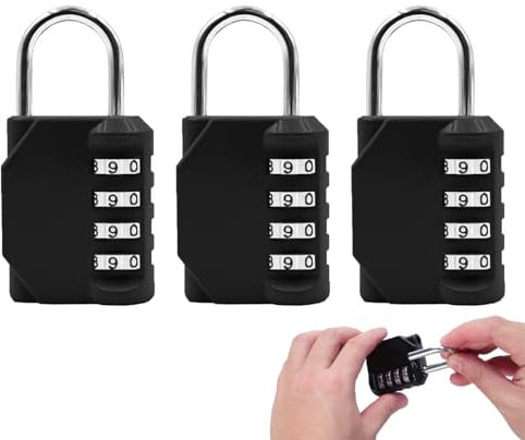 3 Pièces Cadenas Code 4 Chiffres, Cadenas à Combinaison, Serrure Combinée pour Casier, Valise, Garage, Portail, École (Noir)