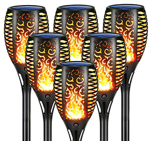 Geemoo 6 Stück Solar Fackel Gartenfackeln mit Realistischer Flammeneffekt, Solarleuchten für Außen Garten IP65 Wasserdicht Solarlampe für Halloween Außen, Hinterhöfe, Gärten, Rasen Beleuchtung