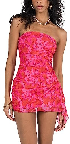 Siyova Abito Donna Sexy Senza Spalline Mini Abito Estivo Vestito Corto Senza Maniche con Stampa Floreale Abito Cocktail per Party Club (Rosso, S)
