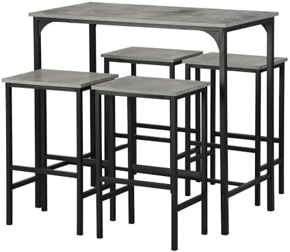 buybyroom Stehtisch mit 4 Barstühlen, Essgruppe, Küchentisch und Stühle Set für Wohnzimmer Esszimmer Pub, Stehtisch 100x50x90CM, Barstühle 30x40x65CM, Zementgrau