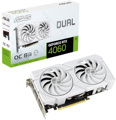 ASUS Dual GeForce RTX™ 4060 EVO White OC Edition 8GB GDDR6 (PCIe 4.0, 8GB GDDR6, DLSS 3, HDMI 2.1a, DisplayPort 1.4a, design ventola Axial-tech, tecnologia 0dB, Dual BIOS, Auto-Extreme Tech)