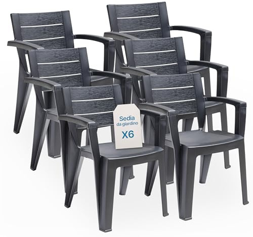 Tomaino - Set mit 6 Gartenstühlen aus Maya-Kunststoff - Stapelbare Kunststoffstühle mit Armlehnen und Rückenlehne mit Latten - Gartenstuhl für Outdoor, Terrasse oder Bar - Schwarz