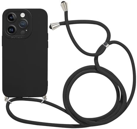 Phoona Crossbody Lanyard Case for iPhone 15 Pro 6,1 with Strap, Necklace Mobile Phone Cover with Adjustable Neck Strap, Ultra Soft Silicone Shockproof Protective Case with Neck Cord-Black