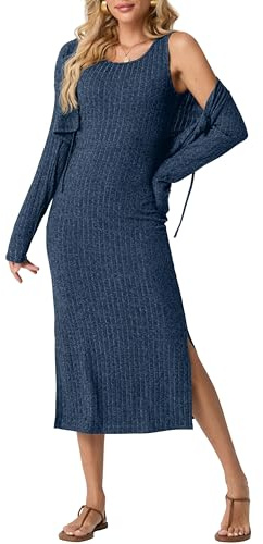 GRECERELLE Damen Strickkleid Strickjacke 2-teiliges Strick-Set : Midi Winterkleid Lang mit Spaghettiträgern & Seitenschlitz + Kurz geschnittenes Cardigan mit Bindegürtel und Langarm