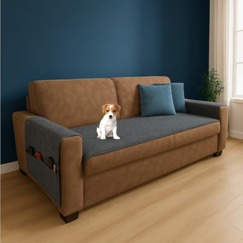 Farè – Runner Copriseduta Divano Impermeabile con Copribraccioli e Tasche Organizer - Copridivano Universale Antimacchia - Ideale per cani, gatti e bambini - Armor Antracite