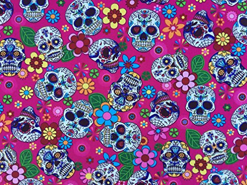 PRESTIGE Gothic Bonehead All Over Sugar Skulls Cotton Poplin Rose And Hubble Fabric (Cerise)
